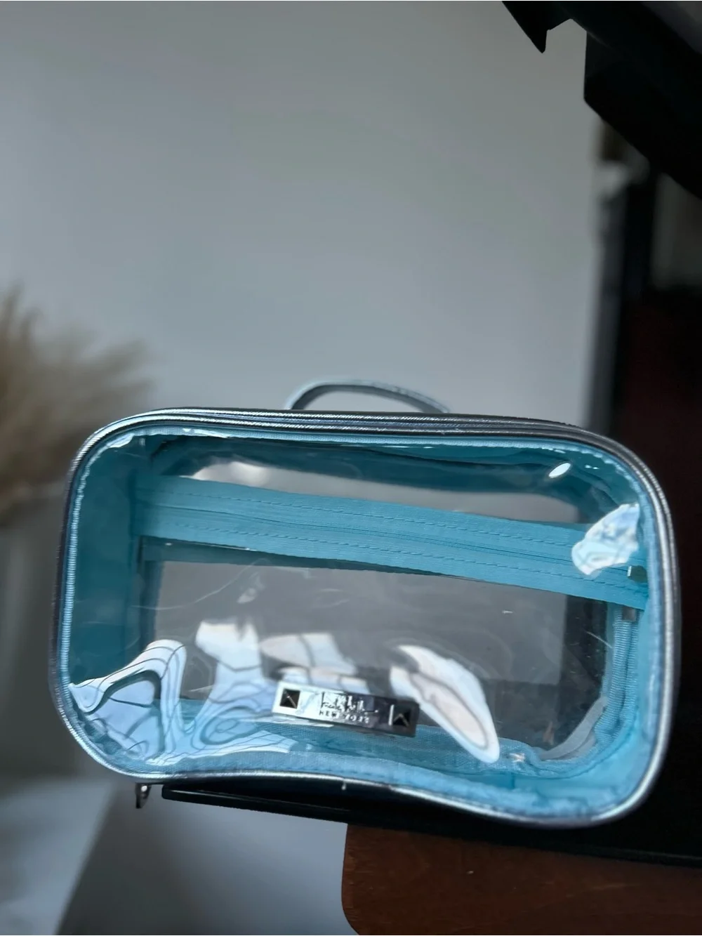 Nicole miller nyc Clear Travel Cosmetic Case with Light Blue Trim